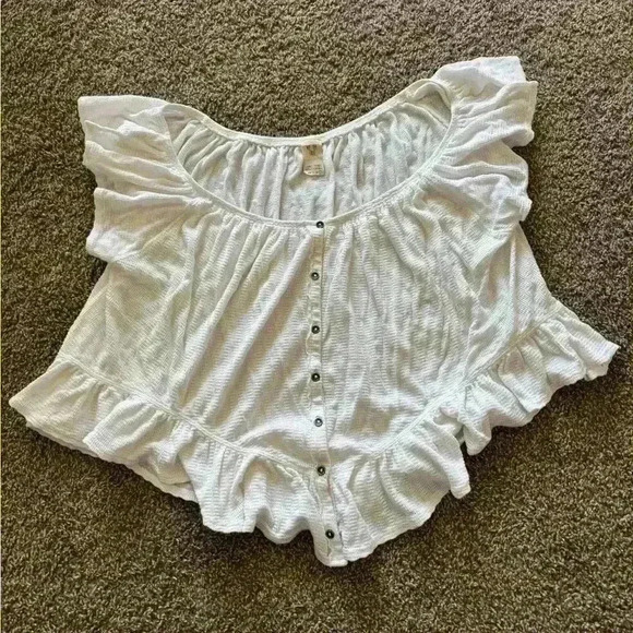 We The Free Off-Shoulder Ruffle Button Blouse Flutter Sleeve White Large - Picture 1 of 4